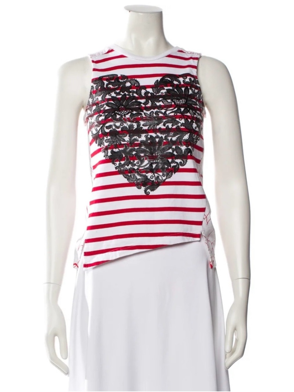 Stella McCartney Red & White Striped Sleeveless Tank with Black Heart Applique